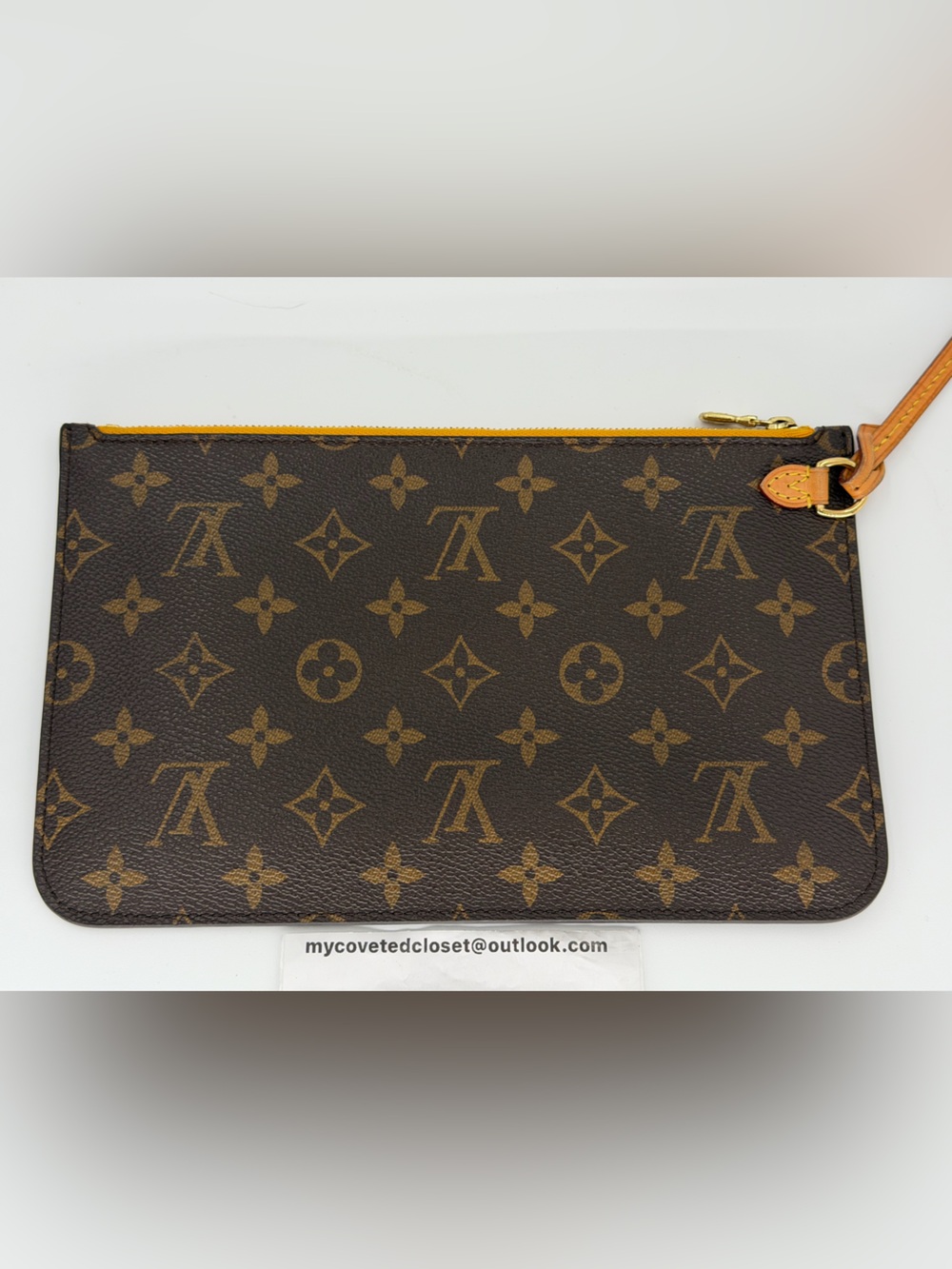 LV Monogram Neverfull Pouch with Rare Yellow Interior w/Dust Bag and Entrupy COA - Picture 8 of 16